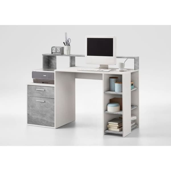 Bureau med förhöjning och förvaring BOLTON - Melamin vit/gråbetong - L138,5 x H91,6 x P53,5 cm