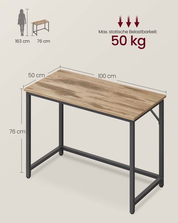 Skrivebord, VASAGLE LWD041B02, 100x50x75 cm, Kamelbrun