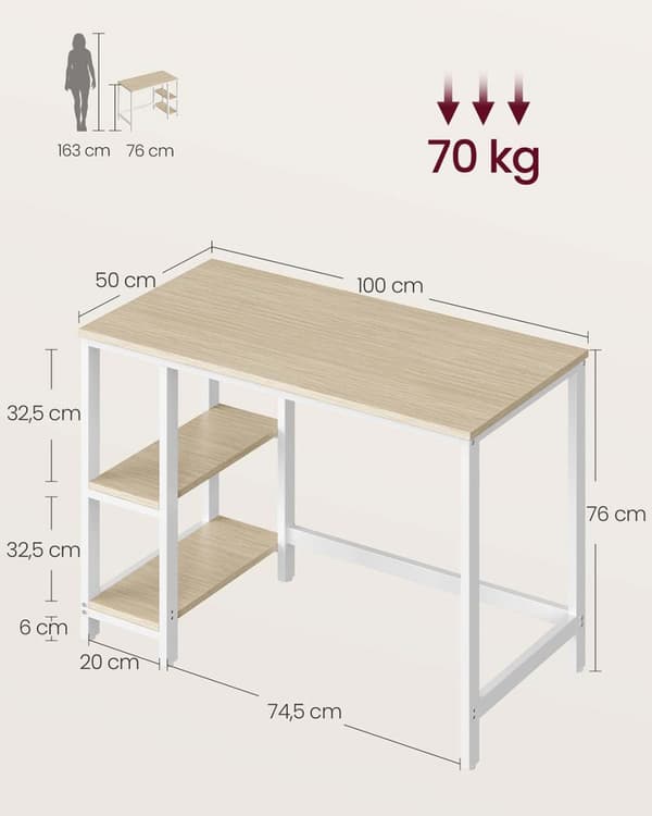 Skrivbord, VASAGLE LWD47X, 50x100x76 cm, Beige