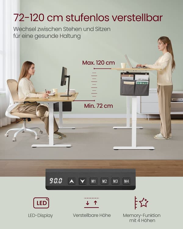 Justerbart skrivbord, SONGMICS LSD132W01, 60x120x(72-120) cm, Molnvit