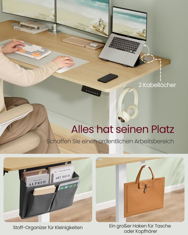 Justerbart skrivbord, SONGMICS LSD132W01, 60x120x(72-120) cm, Molnvit