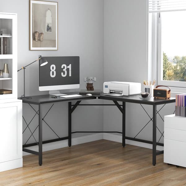 L-format svart skrivbord, MDF, modernt vinkelskrivbord och hemmakontor