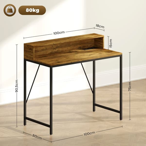 Rootz Computer Table - Pöytä Monitor Alue - Home Office Desk - USB & Type -C -yhteydet - 100L x 50b x 90,5h cm - maalaismainen ruskea