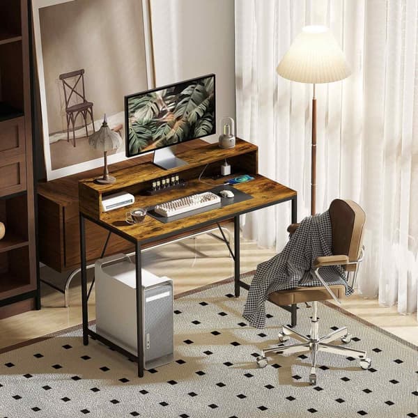 Rootz Computer Table - Pöytä Monitor Alue - Home Office Desk - USB & Type -C -yhteydet - 100L x 50b x 90,5h cm - maalaismainen ruskea