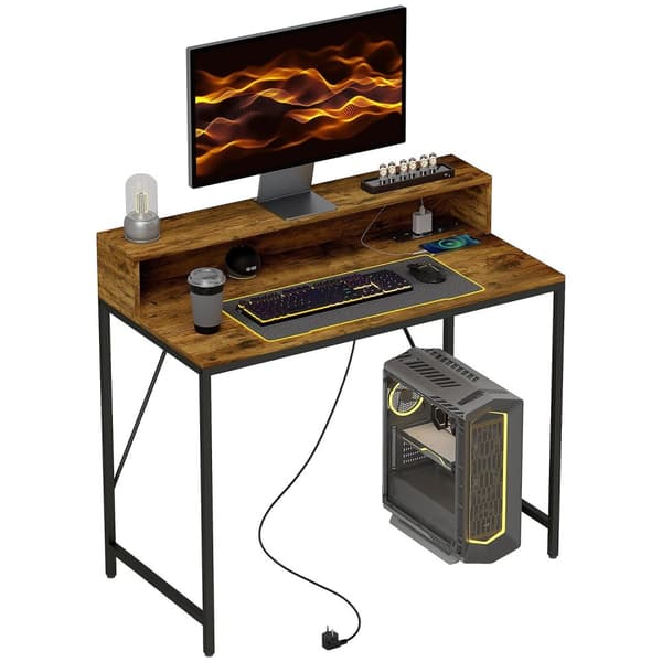 Rootz Computer Table - Pöytä Monitor Alue - Home Office Desk - USB & Type -C -yhteydet - 100L x 50b x 90,5h cm - maalaismainen ruskea