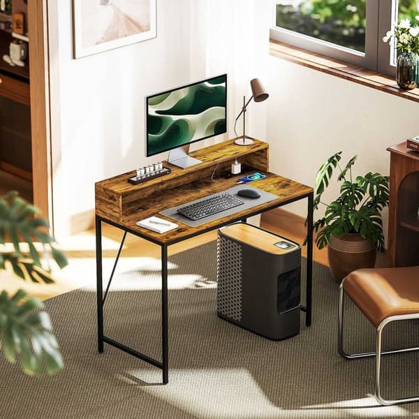 Rootz Computer Table - Pöytä Monitor Alue - Home Office Desk - USB & Type -C -yhteydet - 100L x 50b x 90,5h cm - maalaismainen ruskea
