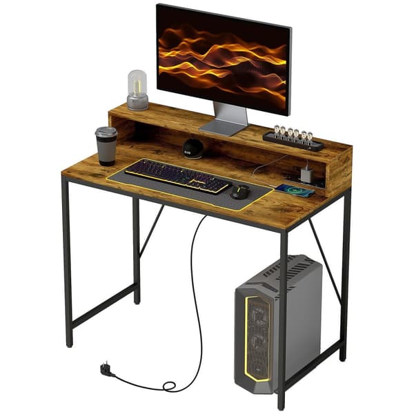 Rootz Computer Table - Pöytä Monitor Alue - Home Office Desk - USB & Type -C -yhteydet - 100L x 50b x 90,5h cm - maalaismainen ruskea