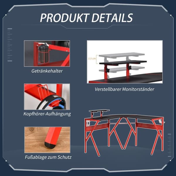 Rootz Gaming Desk - Computer Table - Höjdjusterbar hylla - Hörlurkrok - Ergonomisk design - 125x125x75cm