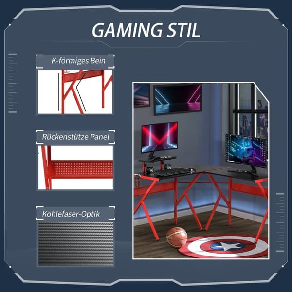 Rootz Gaming Desk - Computer Table - Höjdjusterbar hylla - Hörlurkrok - Ergonomisk design - 125x125x75cm