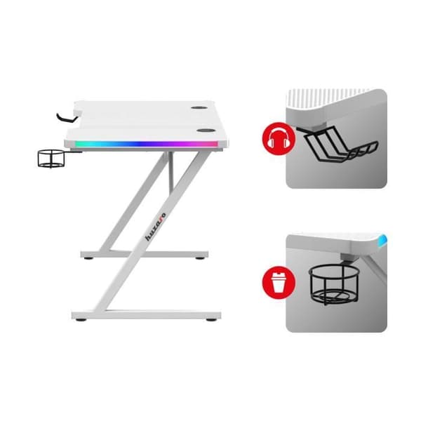 Bureau gaming HUZARO HERO 2.5 LED RGB Vit, 120x60x75cm Dryckeshållare, Hörlurskrok, PC-bord, Databehandling, Speldator