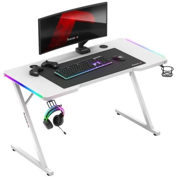 Bureau gaming HUZARO HERO 2.5 LED RGB Vit, 120x60x75cm Dryckeshållare, Hörlurskrok, PC-bord, Databehandling, Speldator