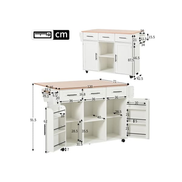 Chariot/bureau, 139x46(71)x91,5 cm, vit kropp vit + arbetsyta i massiv trä.