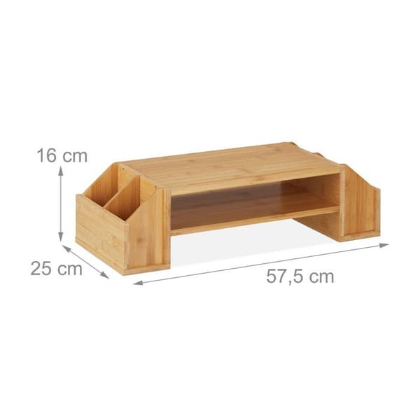 Relaxdays skärmstöd i bambu, 4 lådor, datorskärmshöjare för dator/laptop, HxLxP: 16x57,5x25 cm, naturlig