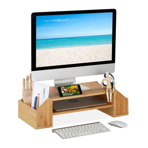Relaxdays skärmstöd i bambu, 4 lådor, datorskärmshöjare för dator/laptop, HxLxP: 16x57,5x25 cm, naturlig