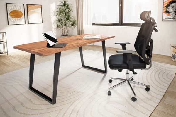 Rootz massivt kontorbord - Skrivebord i naturtræ - Trækantet top - U-formede metalben - Håndlavet - Akacietræ - 120 cm x 60 cm x 76 cm
