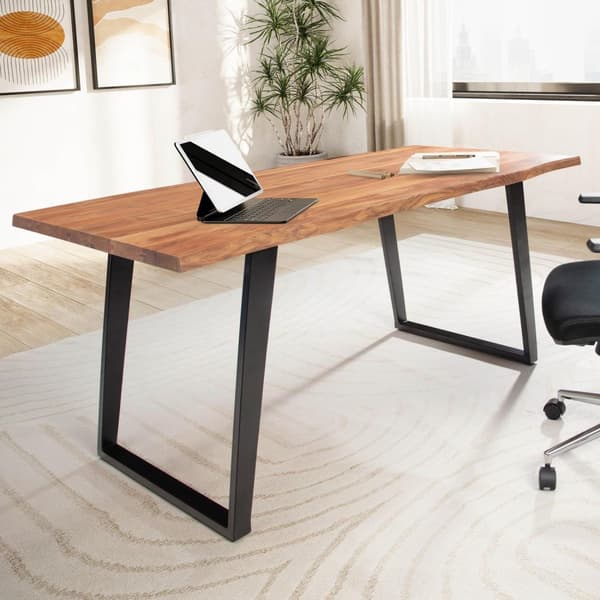 Rootz massivt kontorbord - Skrivebord i naturtræ - Trækantet top - U-formede metalben - Håndlavet - Akacietræ - 120 cm x 60 cm x 76 cm