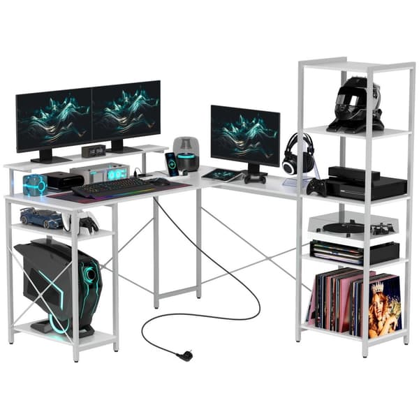 Rootz L -format hörnskrivbord - Ergonomisk monitorstativ - Hemmakontorsbord - USB -portar - 137x140x139.5cm - vit