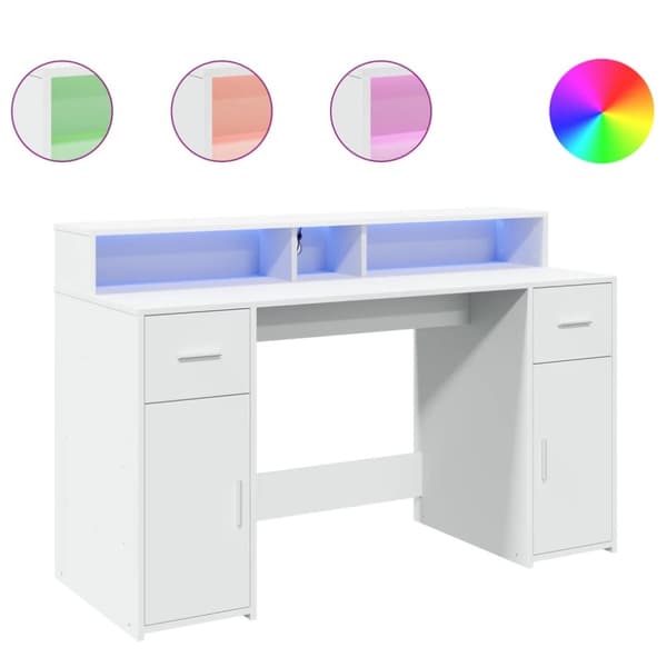 Skrivbord med LED vit 140x55x91 cm konstruerat trä