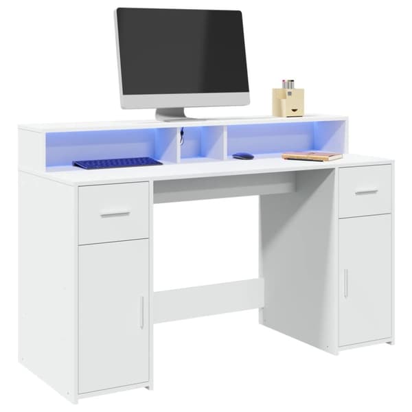 Skrivbord med LED vit 140x55x91 cm konstruerat trä
