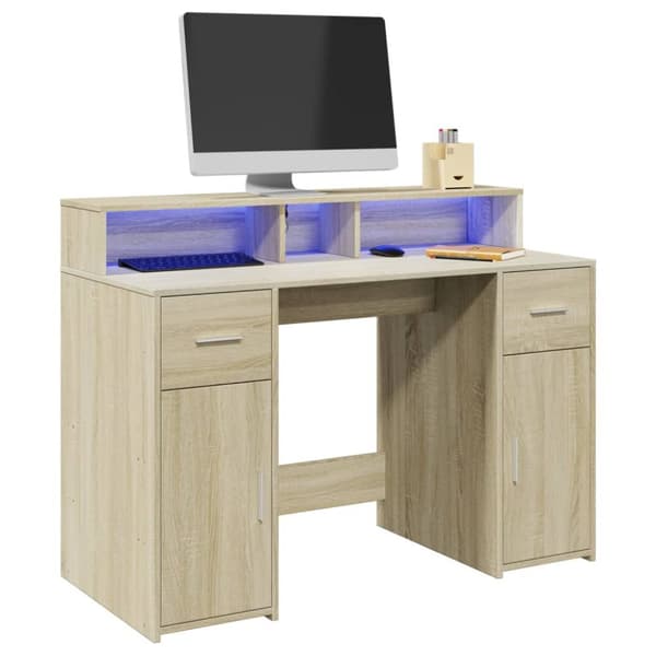 Skrivbord med LED sonoma-ek 120x55x91 cm konstruerat trä
