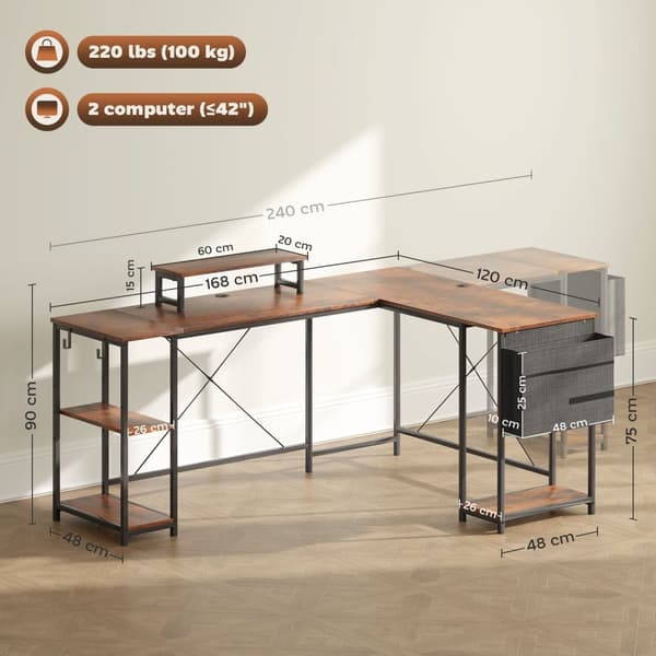 Rootz L -formad skrivbord - Veraturile Office Table - Ergonomic Monitor Stand - Justerbara hyllor - 168 cm x 120 cm x 90 cm
