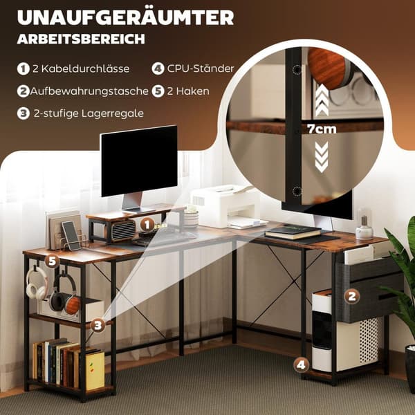 Rootz L -formad skrivbord - Veraturile Office Table - Ergonomic Monitor Stand - Justerbara hyllor - 168 cm x 120 cm x 90 cm
