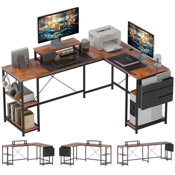 Rootz L -formad skrivbord - Veraturile Office Table - Ergonomic Monitor Stand - Justerbara hyllor - 168 cm x 120 cm x 90 cm