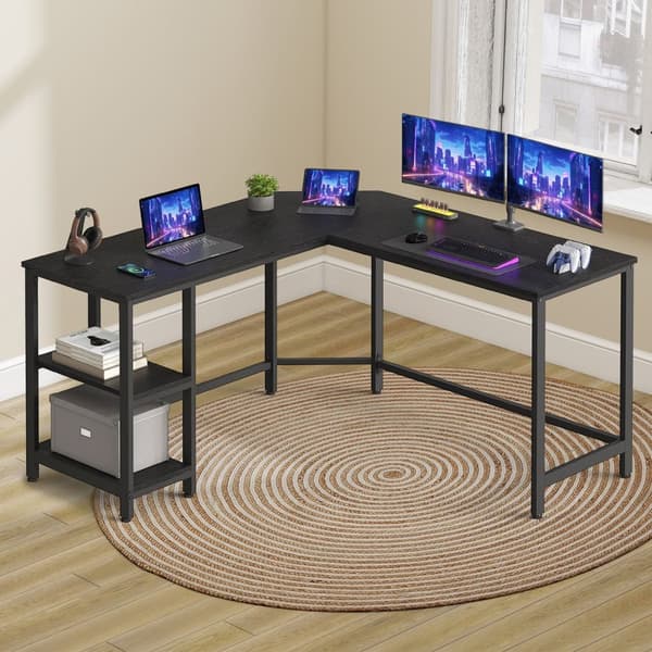 Bureau – L-Vormig – 2 Planken – Zwart – Houtnerf