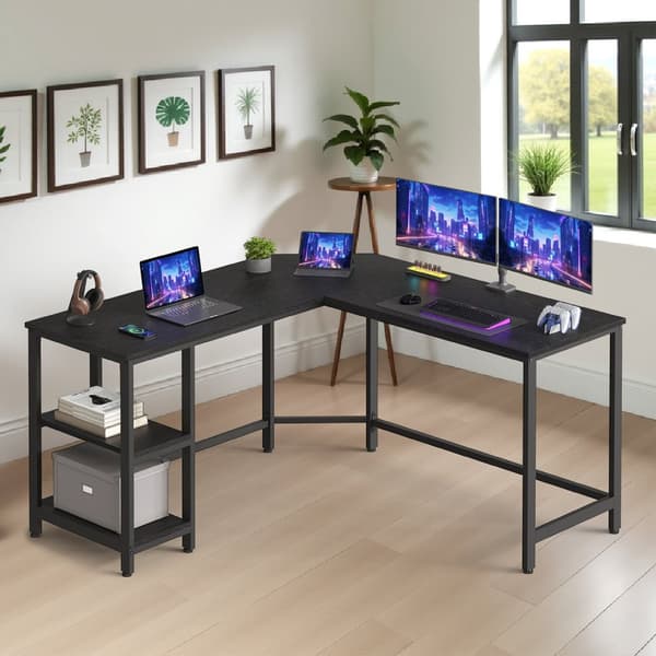 Bureau – L-Vormig – 2 Planken – Zwart – Houtnerf