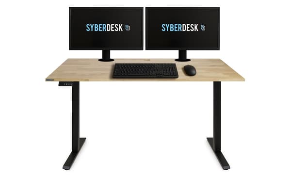 Elektriskt höj- och sänkbart skrivbord 140x65 cm i massiv ek med LED RGB, kabelgenomföring, kabelhantering & 2 minneslägen – Gaming Skrivbord naturlig färg