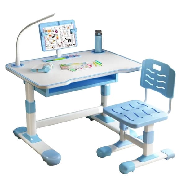 Barnens Studiebord, Vinklingsbar Läställning, Ergonomisk Stol, Extra Stort Låda,Blå