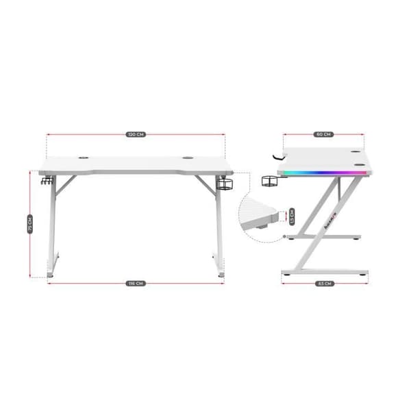 Bureau gaming HUZARO HERO 2.5 LED RGB Vit, 120x60x75cm Dryckeshållare, Hörlurskrok, PC-bord, Databehandling, Speldator
