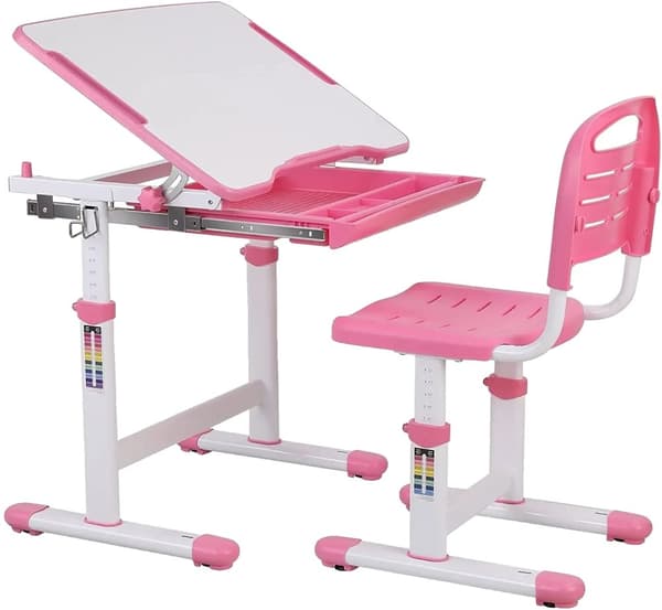 Justerbart Höjd Barnskrivbord och Stolsset, Rymligt Arbetsyta, Hållbara Material,Rosa
