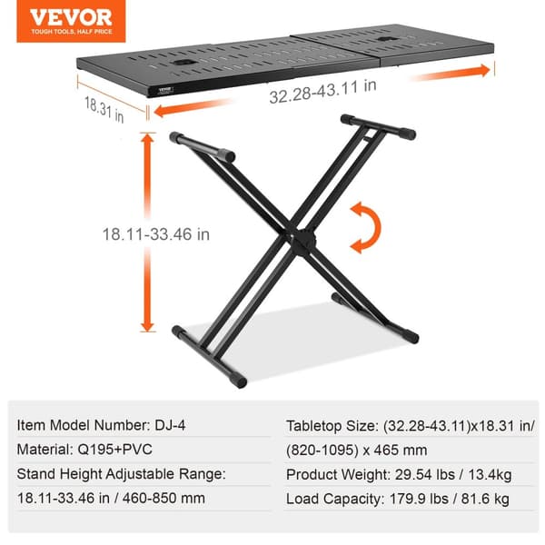 DJ Bordstativ, 32,28 x 18,11 tommer bordplade, justerbar højde, 81,5 kg belastningskapacitet,43x18tommer