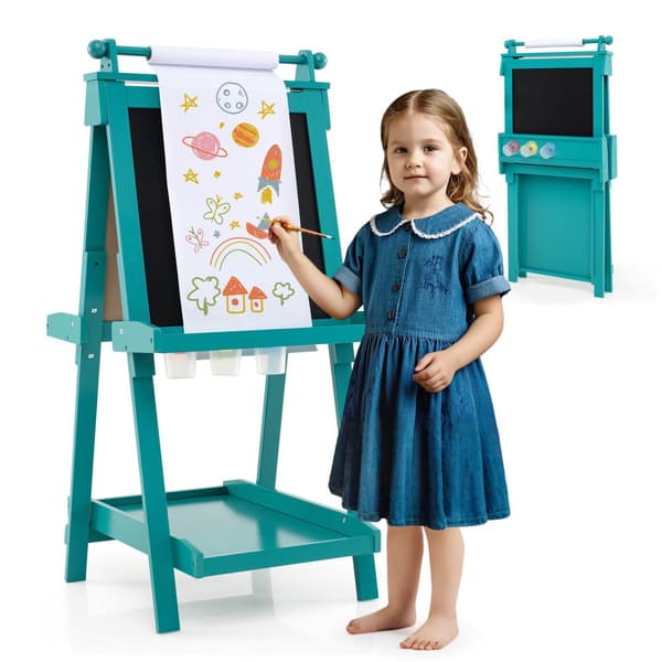 Kunstnerstaffeli, 3-i-1 Foldbar Dobbeltsidet med Kridttavle og Whiteboard, 55x66x106/116/126 cm, Grøn