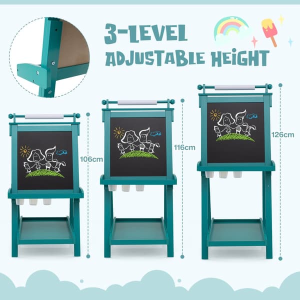 Kunstnerstaffeli, 3-i-1 Foldbar Dobbeltsidet med Kridttavle og Whiteboard, 55x66x106/116/126 cm, Grøn