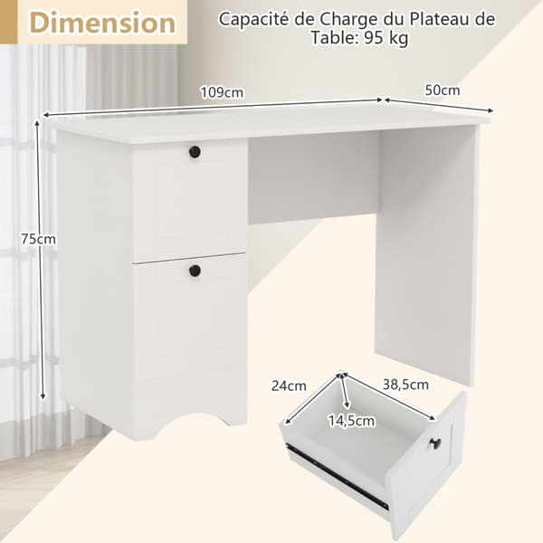 Computerskrivebord, 109x50x75 cm, Hvid