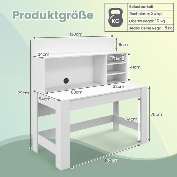 Skrivbord, 120x54x129 cm, Vit