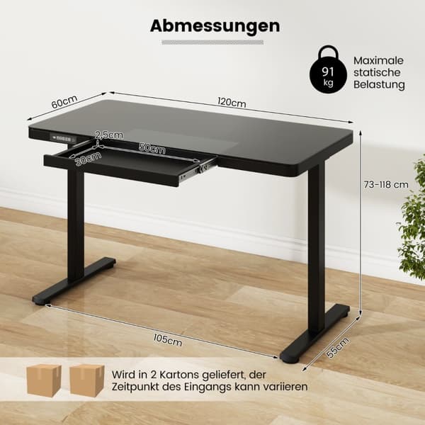 Justerbart skrivbord, 120x60x73-118 cm, Svart