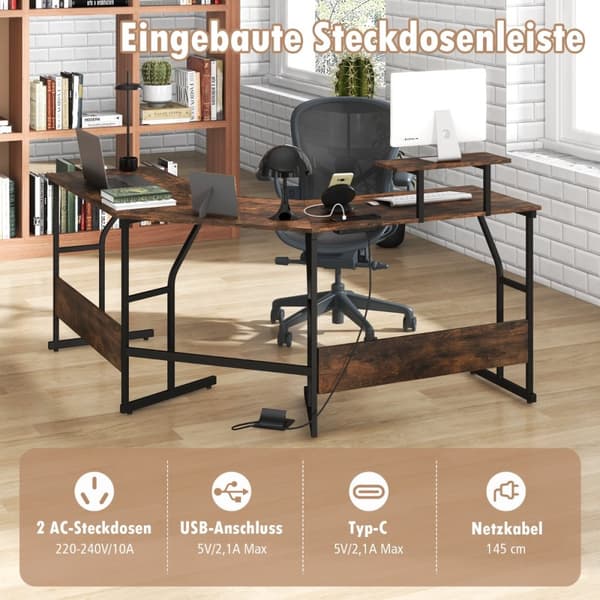 L-formet skrivebord, 148x148x91 cm, Brun