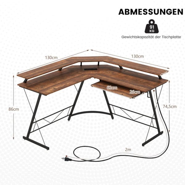 Hjørneskrivebord, 130x130x86 cm, Rustikt Brun