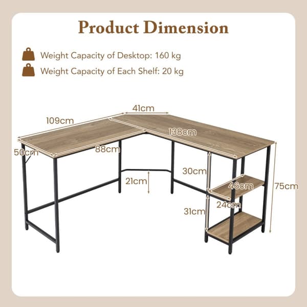 L-formet skrivebord, 138x138x75,5 cm, Sort/Brunt