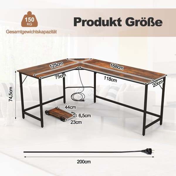 L-formet Computer Desk, 125x50x74.5 cm, 168x50x74.5 cm, Rustikt Brun