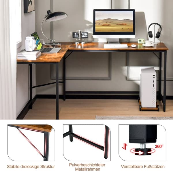 L-formet Computer Desk, 125x50x74.5 cm, 168x50x74.5 cm, Rustikt Brun
