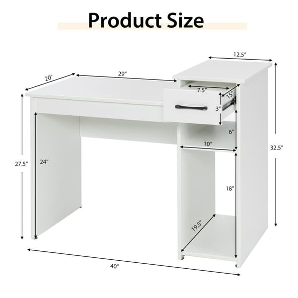 Computerskrivebord, 42,5"x20"x32,5", Hvid