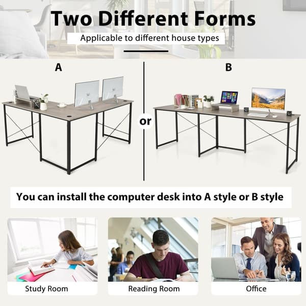 Computer skrivebord, 95 tommer 2-personers L-formet Langt Vendbart Computer Skrivebord med Monitorstander, 95x24x29 tommer, Grå