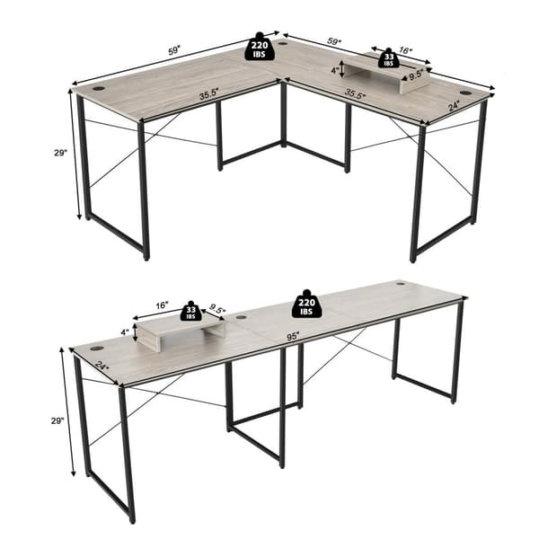 Computer skrivebord, 95 tommer 2-personers L-formet Langt Vendbart Computer Skrivebord med Monitorstander, 95x24x29 tommer, Grå