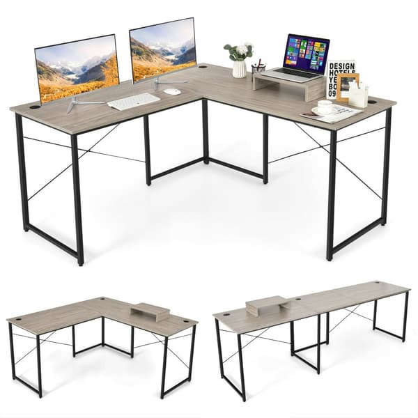 Computer skrivebord, 95 tommer 2-personers L-formet Langt Vendbart Computer Skrivebord med Monitorstander, 95x24x29 tommer, Grå