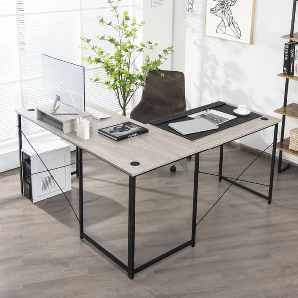 Computer skrivebord, 95 tommer 2-personers L-formet Langt Vendbart Computer Skrivebord med Monitorstander, 95x24x29 tommer, Grå