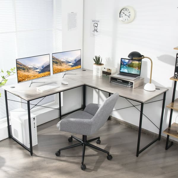 Computer skrivebord, 95 tommer 2-personers L-formet Langt Vendbart Computer Skrivebord med Monitorstander, 95x24x29 tommer, Grå